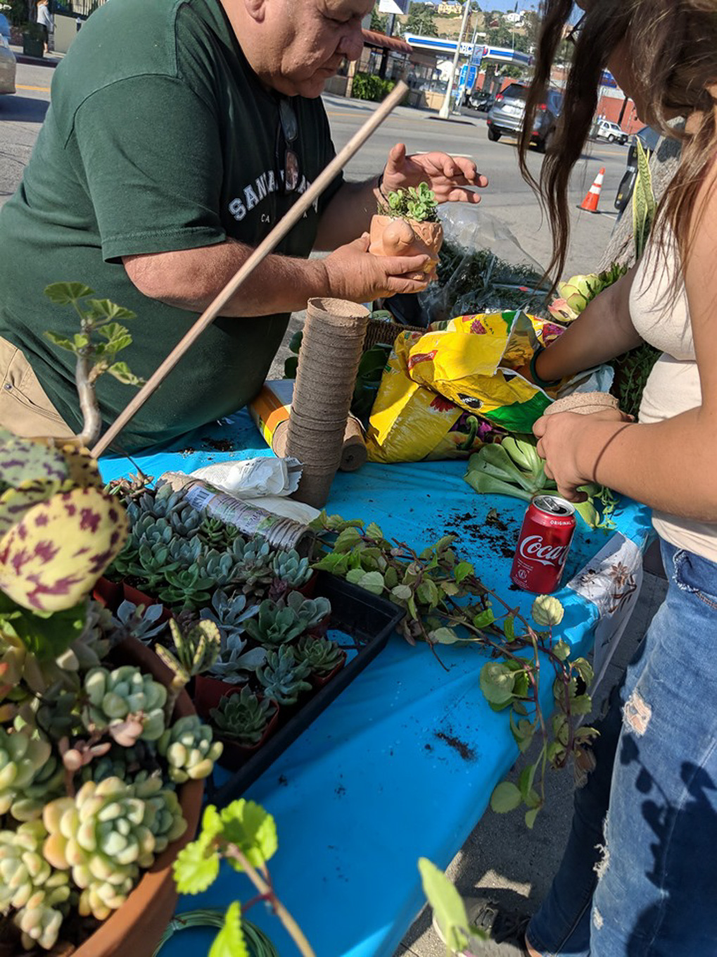 Vendor and customer potting succulents and plants at the Lincoln Heights Farmers Market